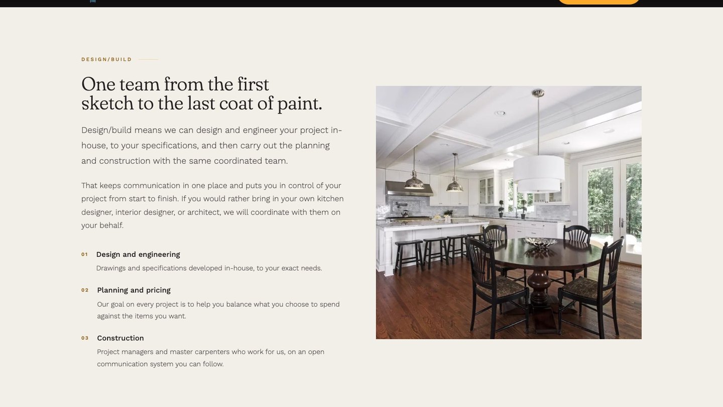 The design/build section of the new homepage