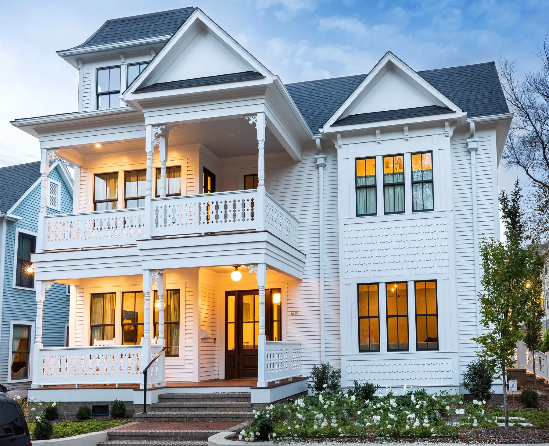 Custom home exterior at dusk